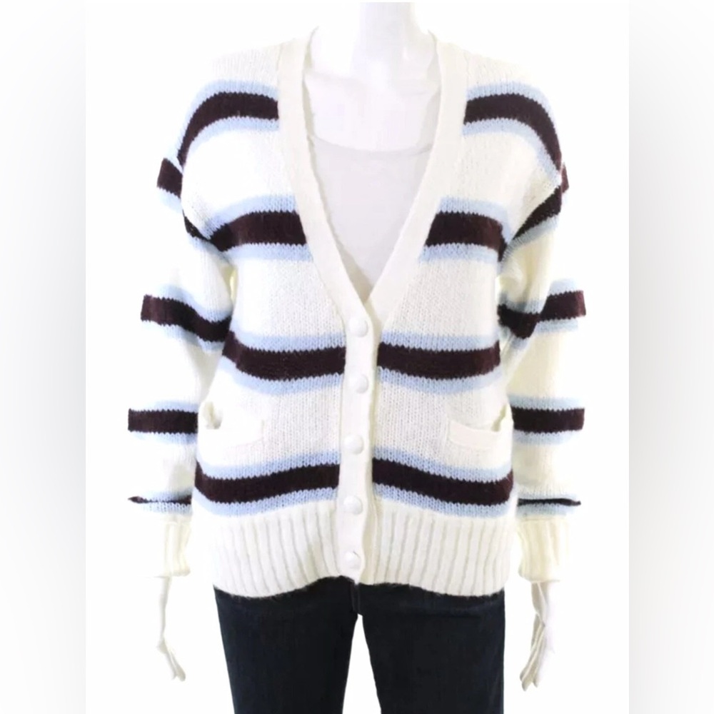 Rebecca Minkoff Womens White Striped V Neck Cardigan Sweater Size Small